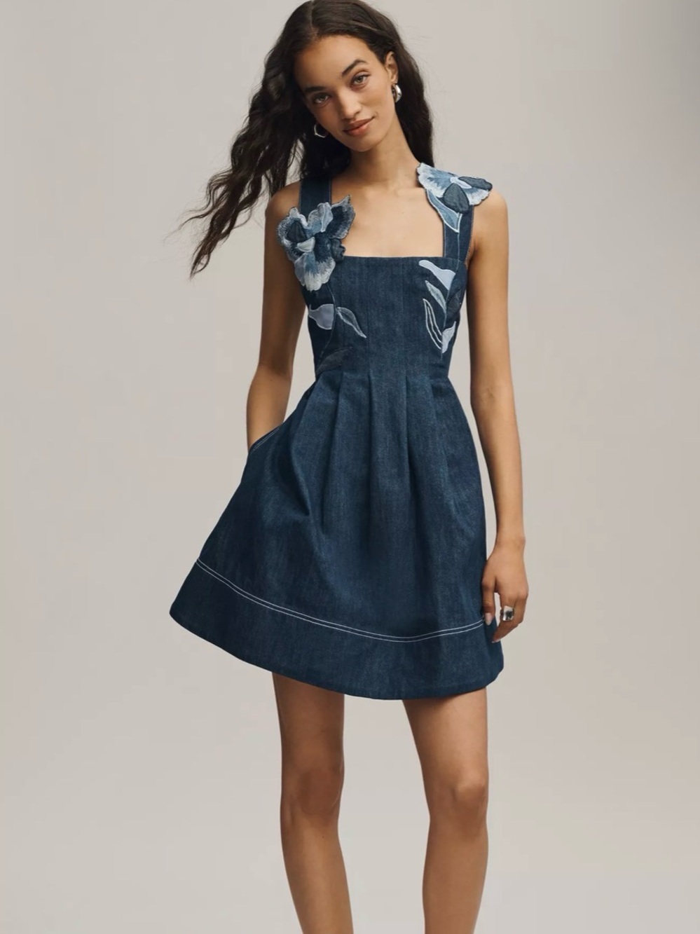 Maeve Dark Blue Denim Mini Dress with Floral Appliqué
